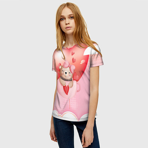 Женская футболка Мишка в чашке с сердечком / 3D-принт – фото 3
