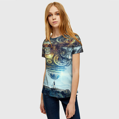 Женская футболка Космический корабль и девушка / 3D-принт – фото 3
