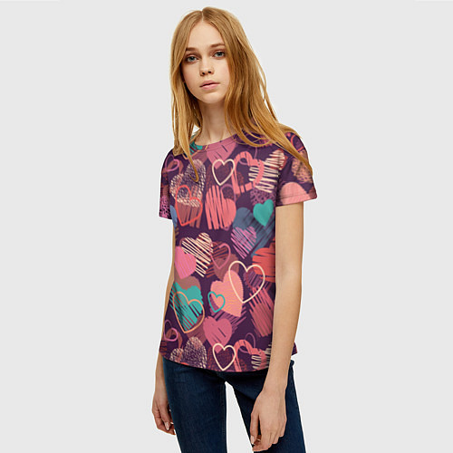 Женская футболка Узор из разных сердец / 3D-принт – фото 3