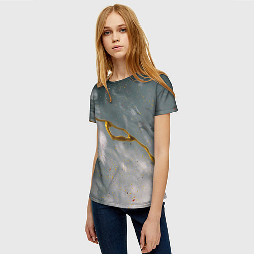 Женская футболка Абстрактный серо-белый туман и золотая краска / 3D-принт – фото 3