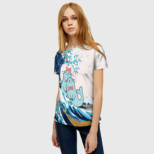 Женская футболка Влюбленные тюлени у большой волны Канагава / 3D-принт – фото 3