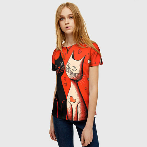 Женская футболка Влюблённые кошки на красном фоне / 3D-принт – фото 3