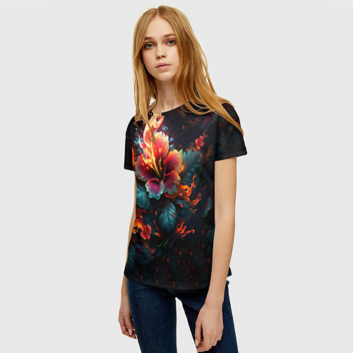 Женская футболка Огненный цветок на темном фоне / 3D-принт – фото 3