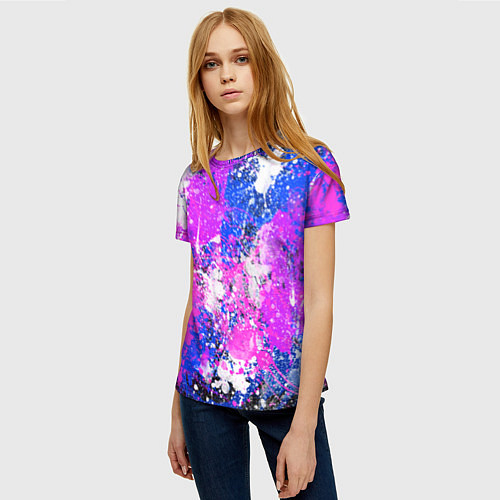 Женская футболка Разбрызганная фиолетовая краска - темный фон / 3D-принт – фото 3