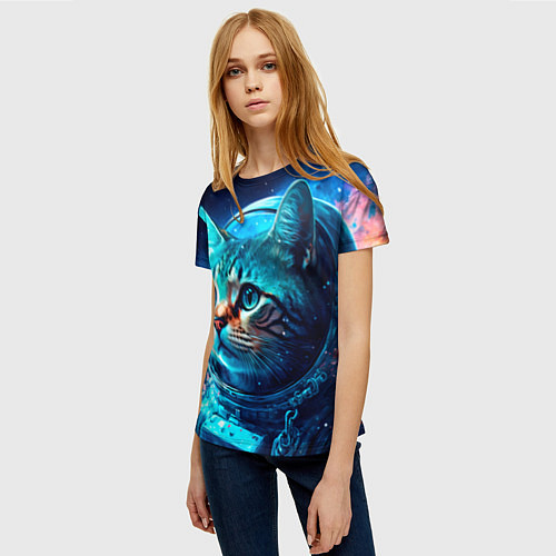 Женская футболка Кот космонавт и звезды / 3D-принт – фото 3