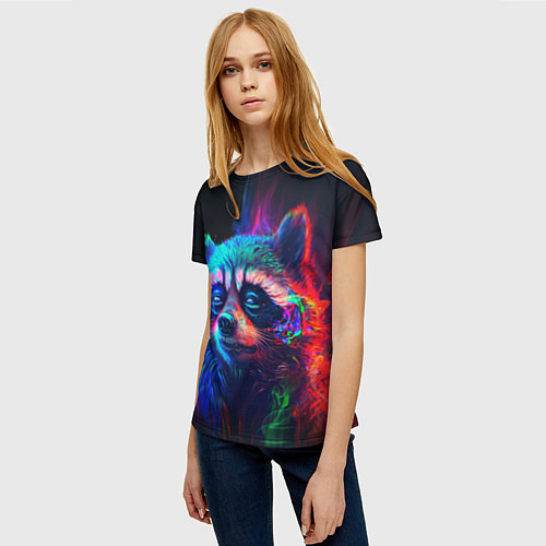 Женская футболка Енот в неоновой дымке / 3D-принт – фото 3