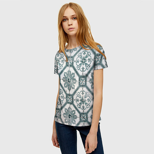 Женская футболка Серый паттерн из листьев, геометрии и кристаллов / 3D-принт – фото 3