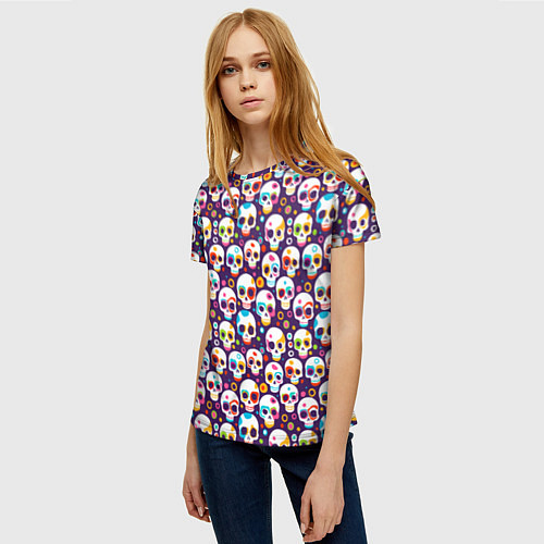Женская футболка Черепа абстрактный многоцветный узор / 3D-принт – фото 3