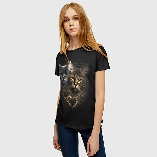 Женская футболка Влюбленные кот и кошка с сердечками / 3D-принт – фото 3