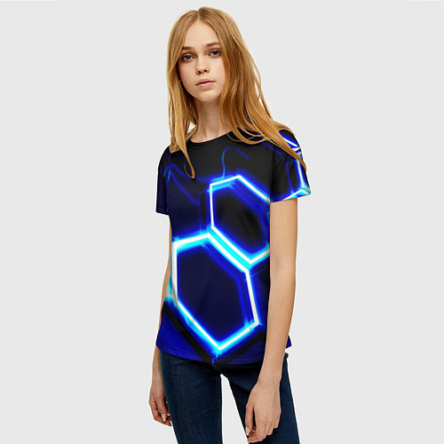 Женская футболка Neon abstraction plates storm / 3D-принт – фото 3