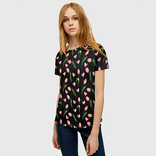Женская футболка Тюльпаны и сердечки на черном - паттерн / 3D-принт – фото 3