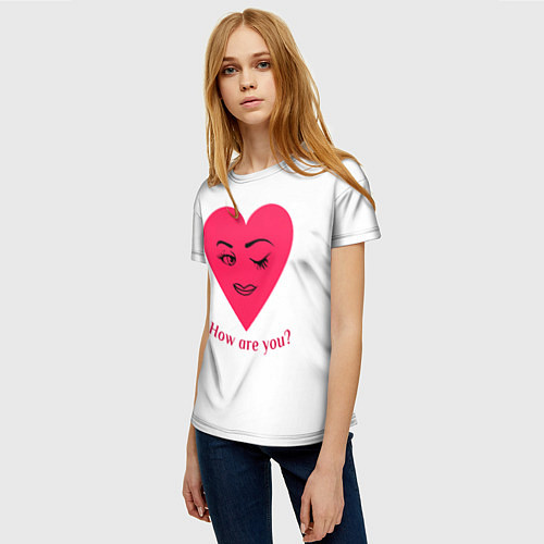 Женская футболка Красное сердце с улыбкой девушки и приветствием / 3D-принт – фото 3