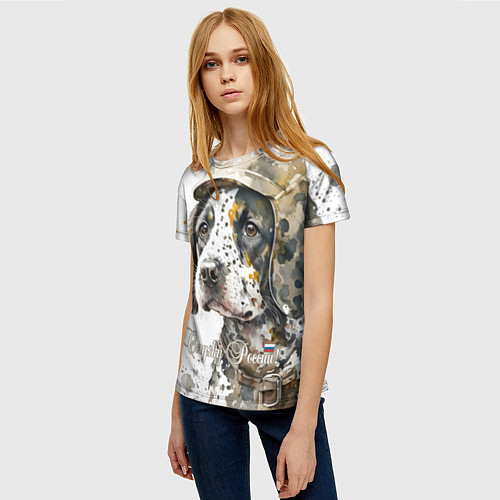 Женская футболка Акварельный щенок в военном камуфляже / 3D-принт – фото 3