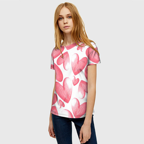Женская футболка Розовые акварельные сердца - паттерн / 3D-принт – фото 3