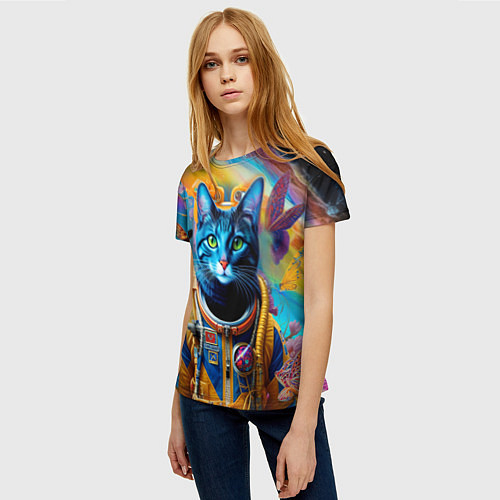 Женская футболка Кот в космическом скафандре - нейросеть / 3D-принт – фото 3