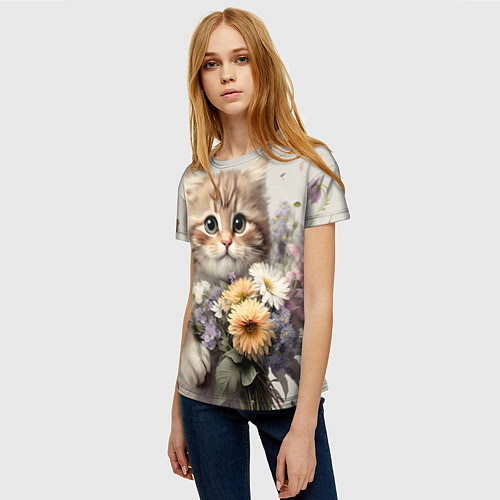 Женская футболка Котенок с полевыми цветами / 3D-принт – фото 3