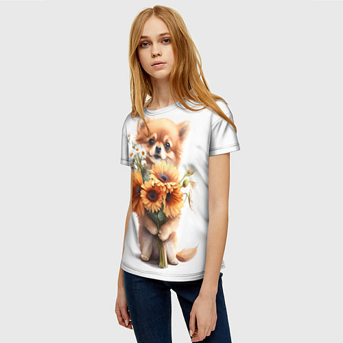 Женская футболка Милый щенок с подсолнухами и ромашками / 3D-принт – фото 3