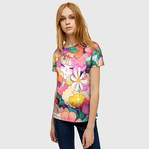 Женская футболка Девочка в цветах / 3D-принт – фото 3