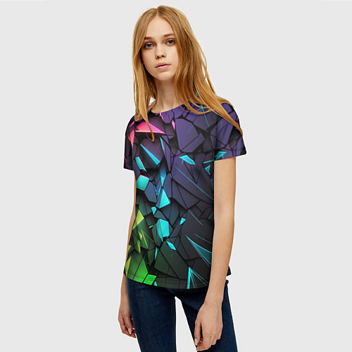 Женская футболка Неоновые абстрактные каменные плиты / 3D-принт – фото 3