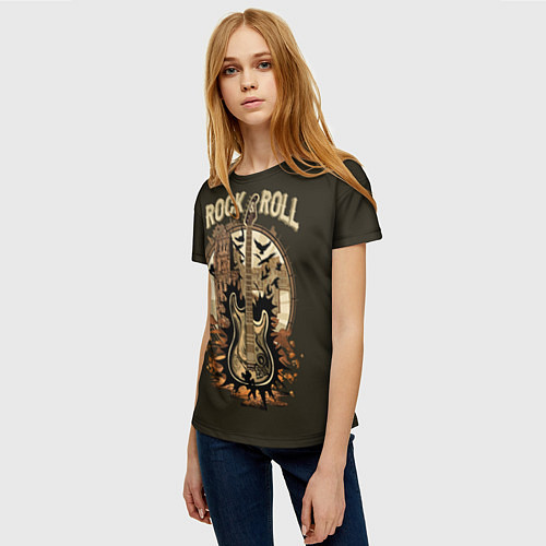 Женская футболка Эмблема с гитарой и старым городом / 3D-принт – фото 3
