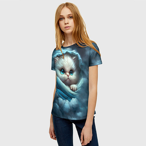 Женская футболка Котик в одеяльце в облаках / 3D-принт – фото 3