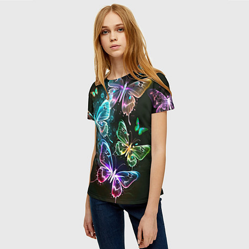 Женская футболка Неоновые дикие бабочки / 3D-принт – фото 3