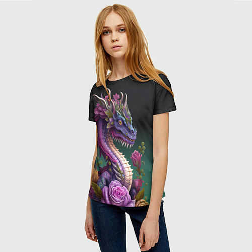 Женская футболка Неоновый дракон с цветами / 3D-принт – фото 3