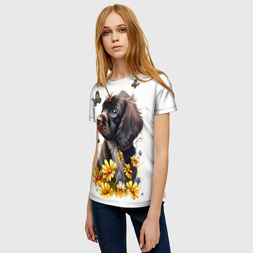 Женская футболка Черный щенок и жёлтые полевые цветы / 3D-принт – фото 3