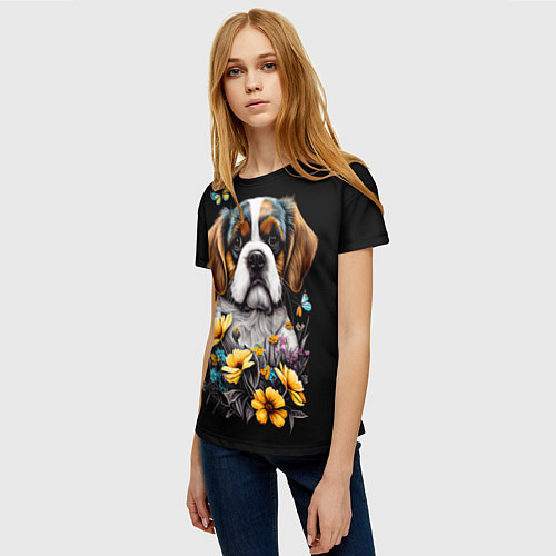 Женская футболка Бернский зенненхунд - щенок с цветами / 3D-принт – фото 3