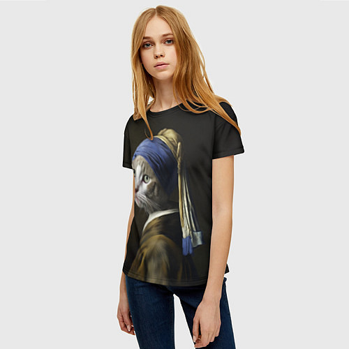 Женская футболка Котейка с жемчужной серёжкой / 3D-принт – фото 3