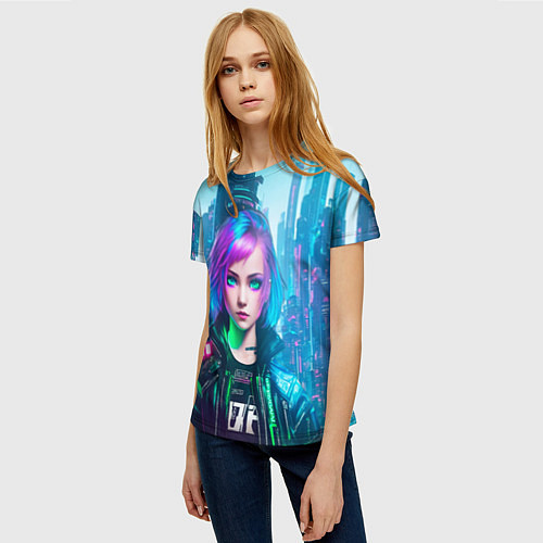 Женская футболка Девушка в стиле киберпанк на фоне неонового города / 3D-принт – фото 3