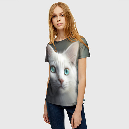 Женская футболка Милый белый кот с голубыми глазами / 3D-принт – фото 3