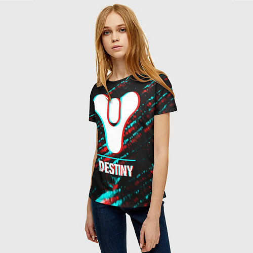 Женская футболка Destiny в стиле glitch и баги графики на темном фо / 3D-принт – фото 3