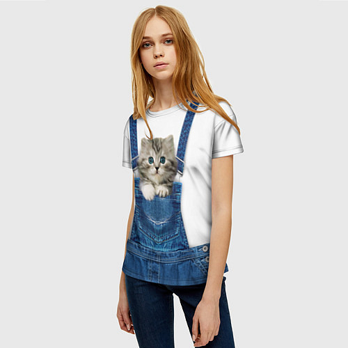 Женская футболка Котенок в кармане комбинезона / 3D-принт – фото 3