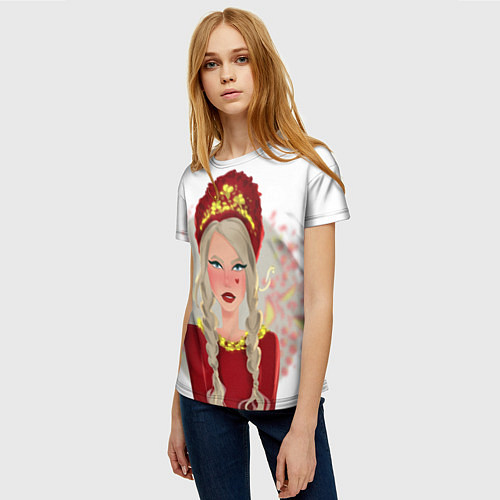Женская футболка Девушка с косичками в красном кокошнике / 3D-принт – фото 3