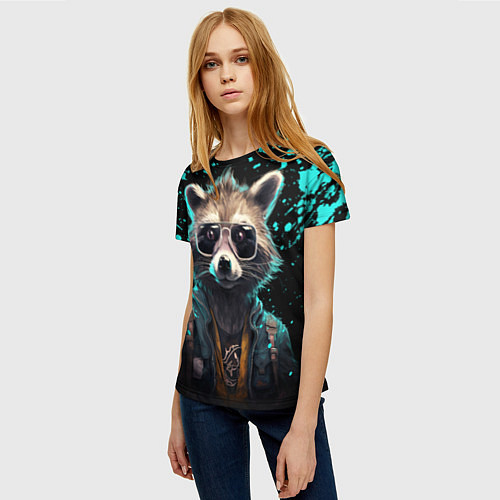 Женская футболка Енот в стиле киберпанк / 3D-принт – фото 3