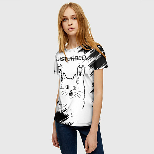 Женская футболка Disturbed рок кот на светлом фоне / 3D-принт – фото 3