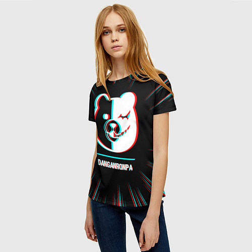 Женская футболка Символ Danganronpa в стиле glitch на темном фоне / 3D-принт – фото 3