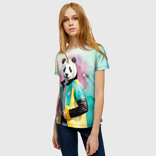Женская футболка Прикольный панда в модной куртке / 3D-принт – фото 3