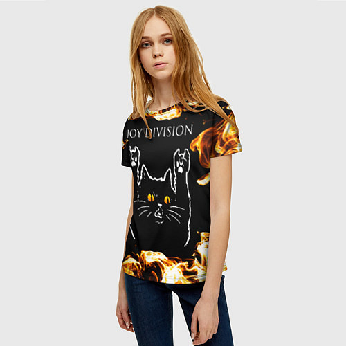 Женская футболка Joy Division рок кот и огонь / 3D-принт – фото 3