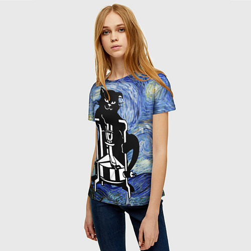 Женская футболка Кот Бегемот на примусе в Звездной ночи / 3D-принт – фото 3