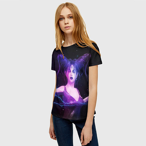Женская футболка Ведьма с голубыми и розовыми молниями / 3D-принт – фото 3