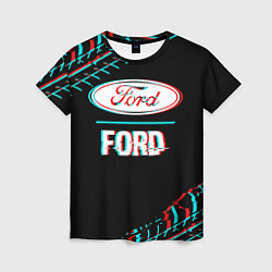 Футболка женская Значок Ford в стиле glitch на темном фоне, цвет: 3D-принт