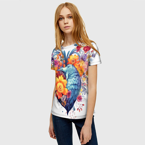 Женская футболка Цветочное сердце с птицами / 3D-принт – фото 3