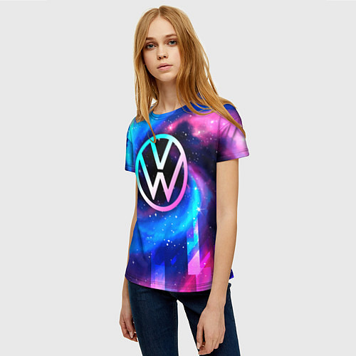 Женская футболка Volkswagen неоновый космос / 3D-принт – фото 3