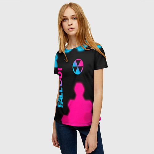 Женская футболка Fallout - neon gradient: надпись, символ / 3D-принт – фото 3