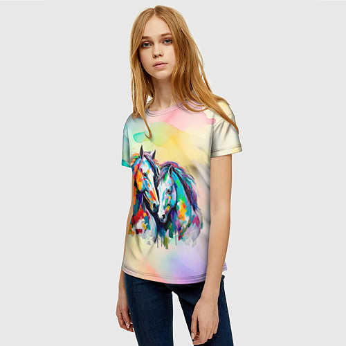 Женская футболка Две разноцветные лошади / 3D-принт – фото 3