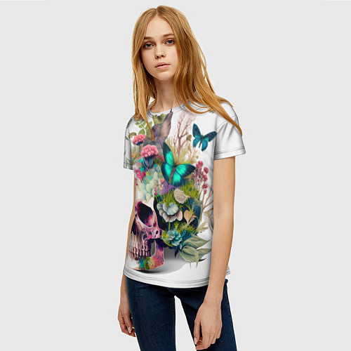 Женская футболка Красивый череп с листьями и бабочками / 3D-принт – фото 3