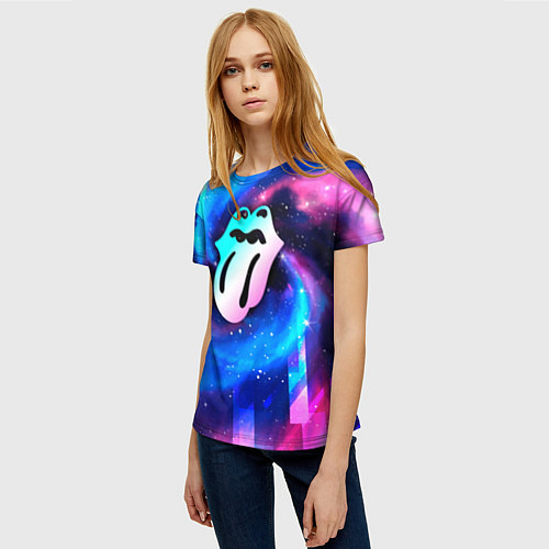 Женская футболка Rolling Stones неоновый космос / 3D-принт – фото 3