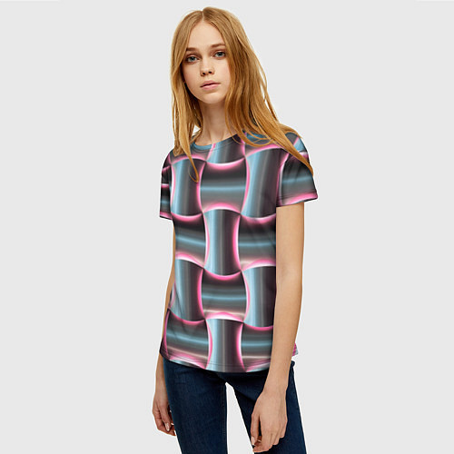 Женская футболка Множество полурозовых изогнутых четырёхугольников / 3D-принт – фото 3